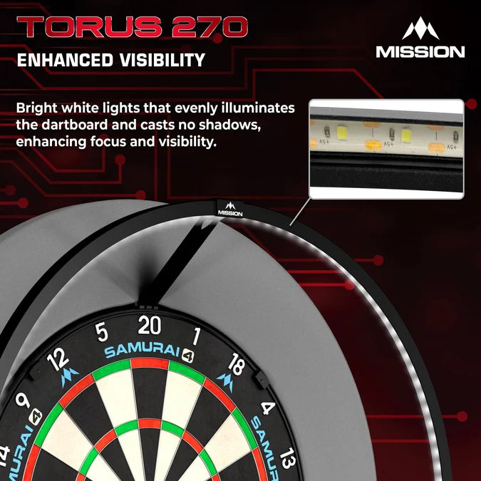 Mission Torus 270 USB-C black dartboard light demonstrating enhanced visibility with bright white LED illumination to reduce shadows and glare.
