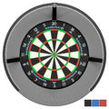 Mission Torus 270 USB-C dartboard lighting system in black, fully assembled and attached to a bristle dartboard, showing the 270-degree LED light design.
