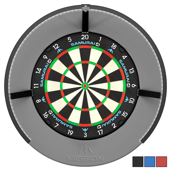 Mission Torus 270 USB-C dartboard lighting system in black, fully assembled and attached to a bristle dartboard, showing the 270-degree LED light design.