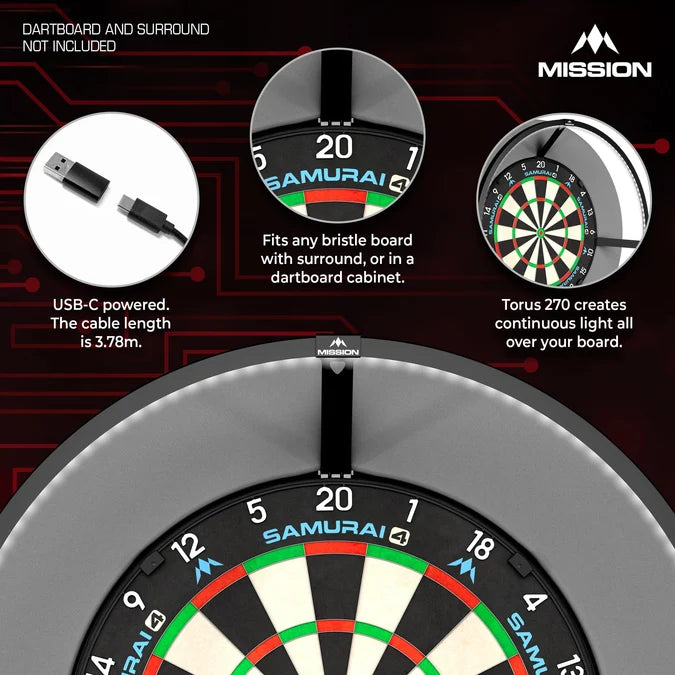 Mission Torus 270 USB-C black dartboard lighting system product guide highlighting its features and foldable design.