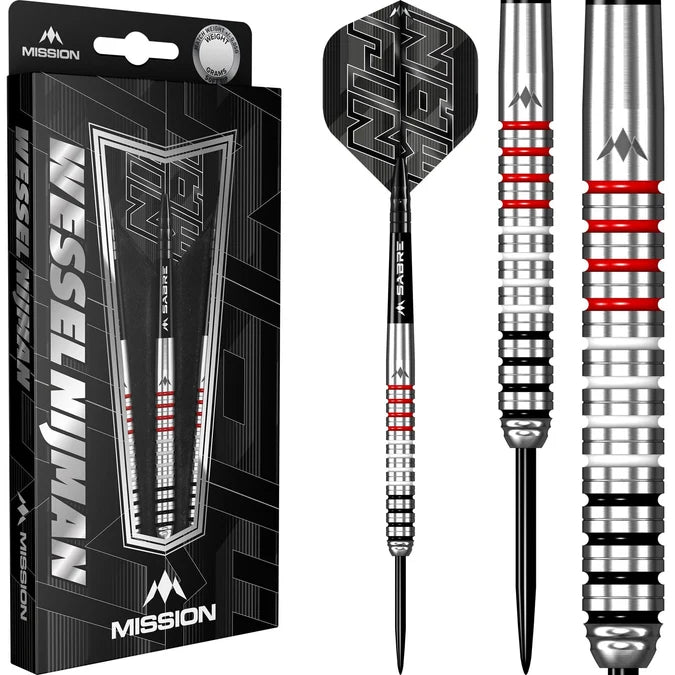 Mission Wessel Nijman Steel Tip Darts 95% Tungsten 23g and 25g with three darts and close-up barrel detail