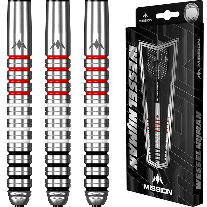 Mission Wessel Nijman Steel Tip Darts 95% Tungsten three dart barrels close up with box
