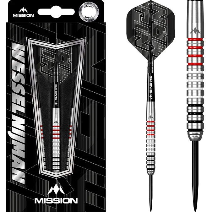 Mission Wessel Nijman Steel Tip Darts 95% Tungsten 23g and 25g box and dart close up