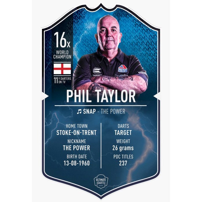 front of Phil Taylor The Power Ultimate Player Card 37x25cm darts collectible