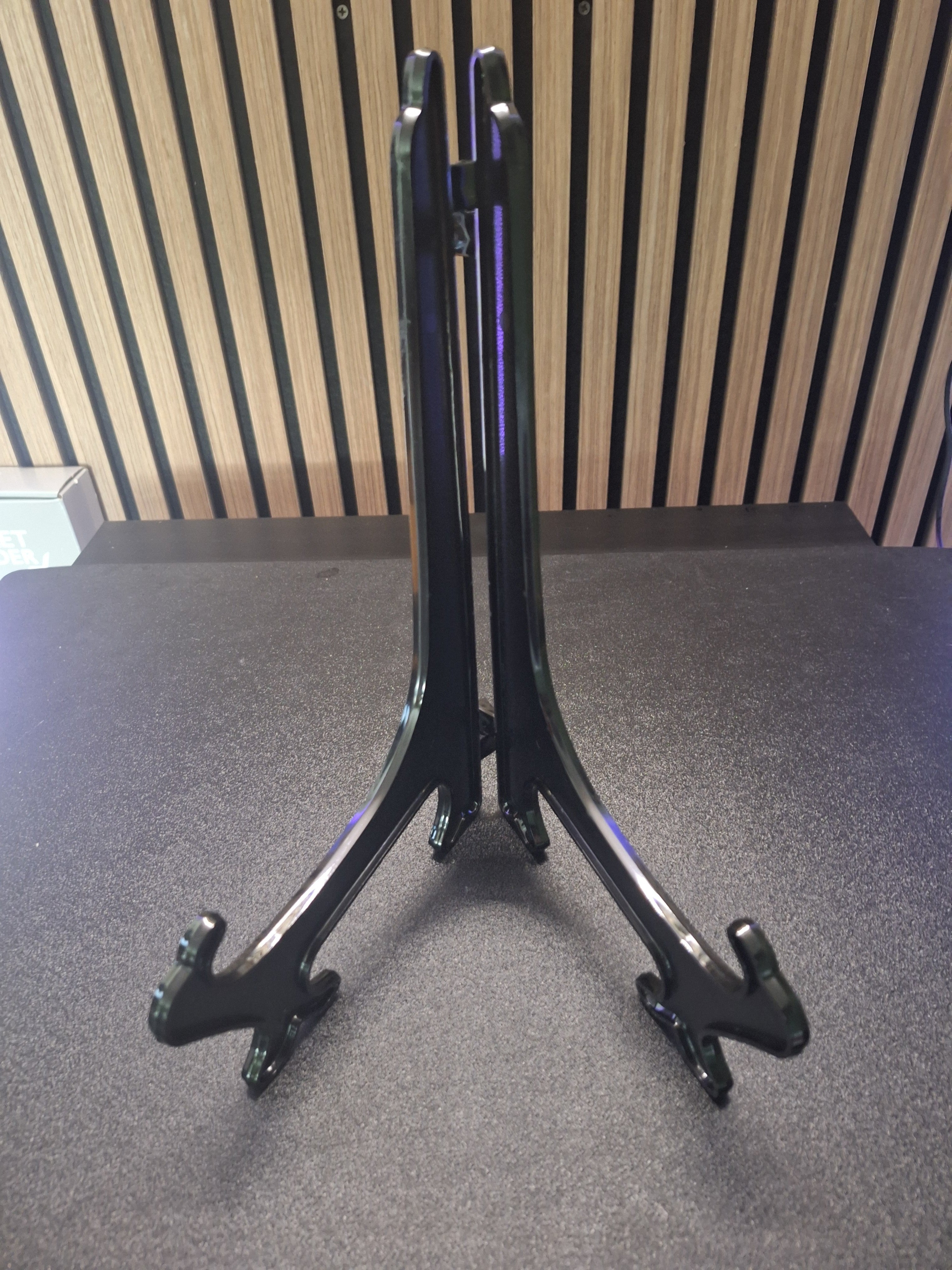 Black player card display stand front view 30cm darts card holder