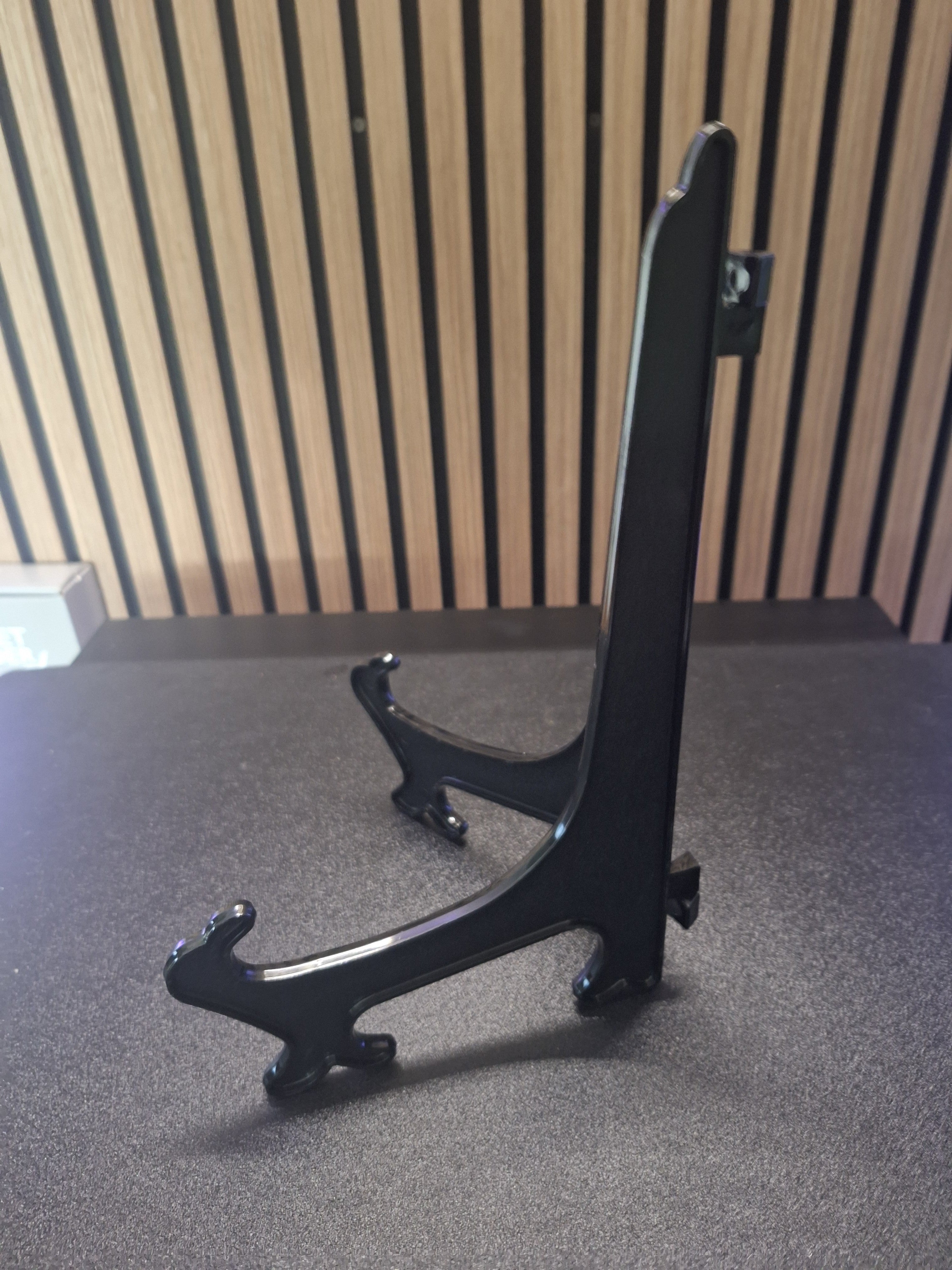 Black plastic display stand side view 30cm sturdy darts card holder