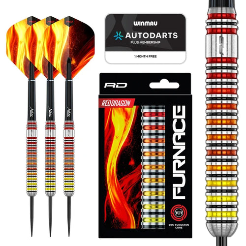 Red Dragon Furnace Tungsten Core darts with packaging and Winmau Autodarts Plus card