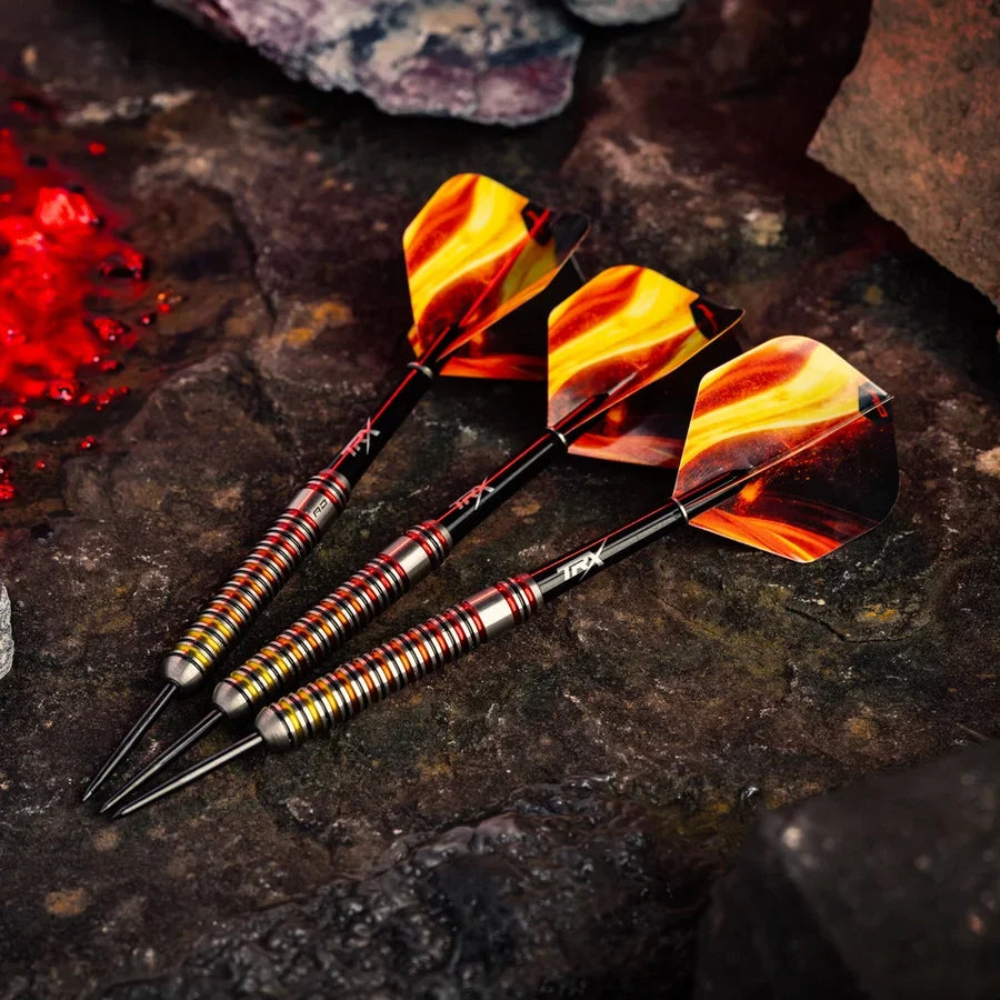 Three Red Dragon Furnace darts showing the full barrel, shaft and flight design