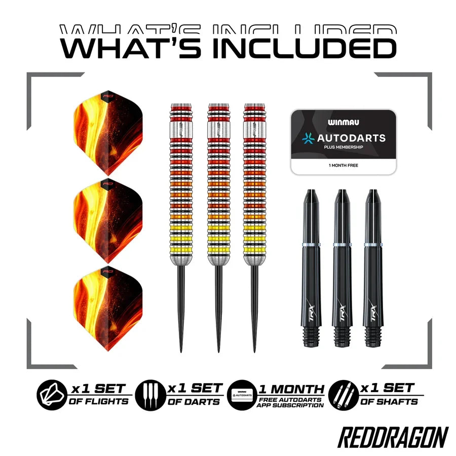 Red Dragon Furnace darts set showing barrels, steel points, TRX shafts and flights