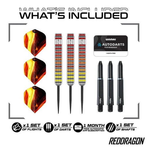 Red Dragon Furnace darts set showing barrels, steel points, TRX shafts and flights