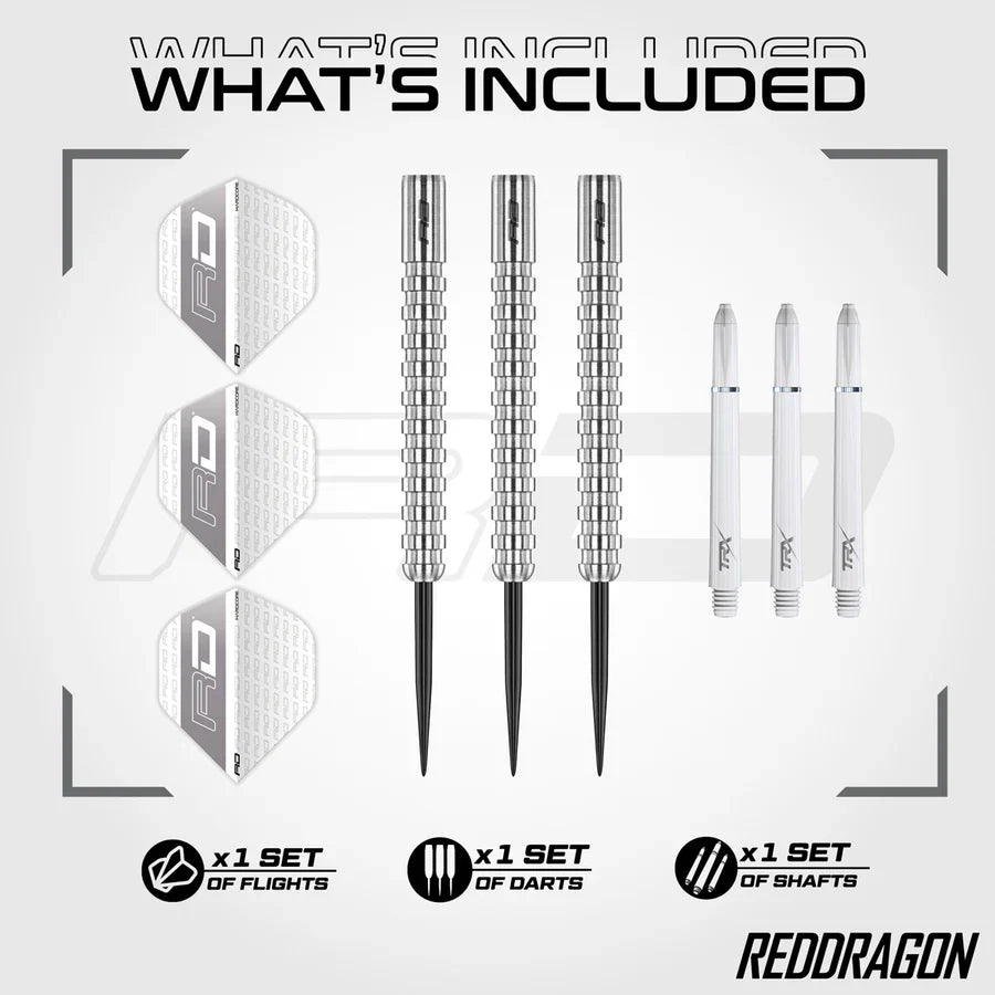 Red Dragon Javelin 80% tungsten darts set showing included darts, shafts and flights
