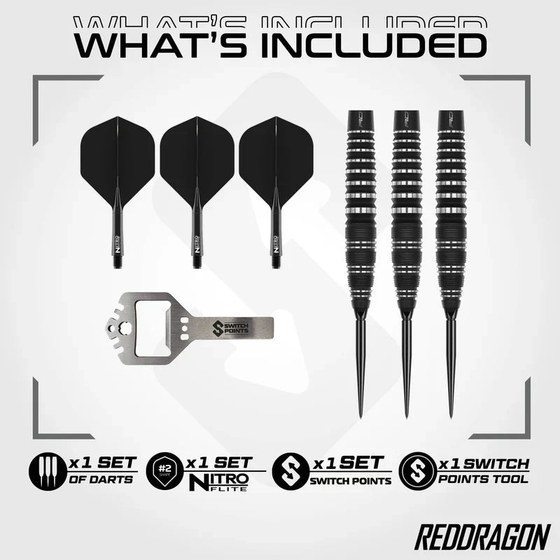 Red Dragon Sable Switch Point Bomb darts showing barrels, Nitro Flite system, Switch Points and tool