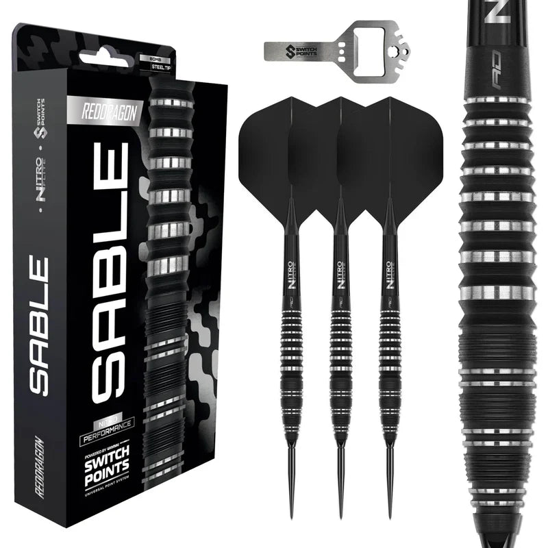 Red Dragon Sable Switch Point Bomb 90% tungsten darts with packaging and included accessories