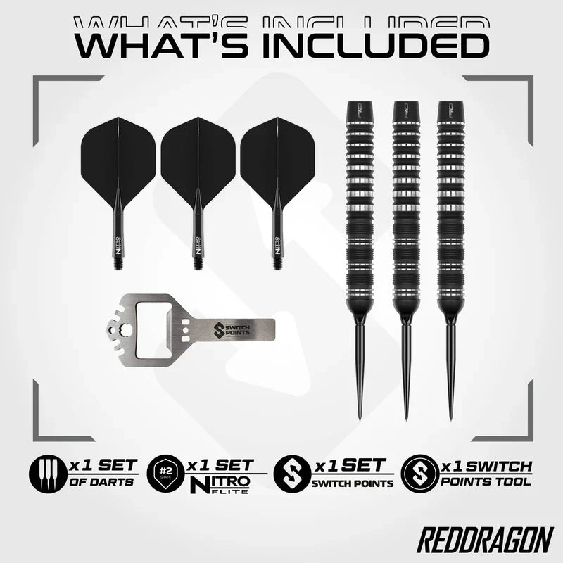 Red Dragon Sable Switch Point Parallel darts showing barrels, Nitro Flite system, Switch Points and tool