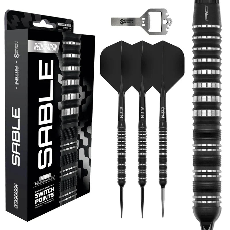 Red Dragon Sable Switch Point Parallel 90% tungsten darts with packaging and included accessories