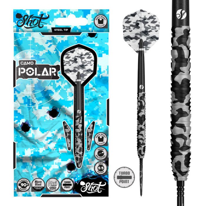 Shot Camo Polar 90% Tungsten Turbo Point darts with retail packaging and camouflage barrel