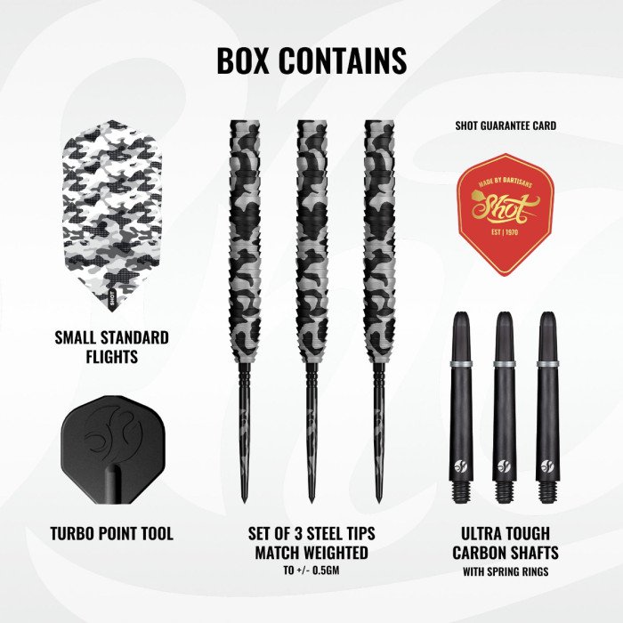 Shot Camo Polar darts set contents including three darts, carbon shafts, flights and Turbo Point tool