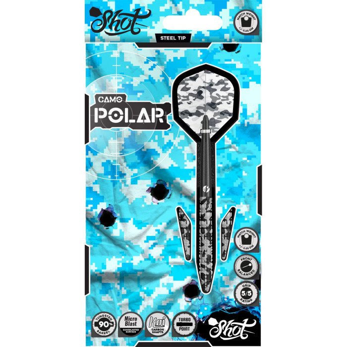 Shot Camo Polar 90% Tungsten Turbo Point darts in original blue retail packaging