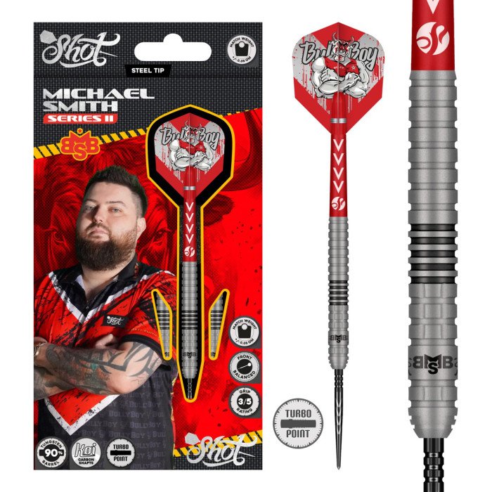 Shot Michael Smith Series II 90% Tungsten Turbo Point darts with Bully Boy packaging and barrel close-up