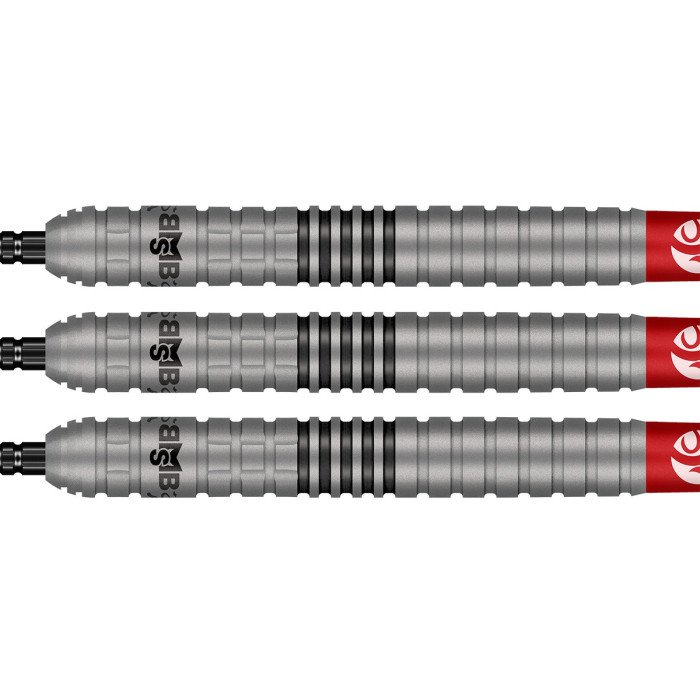 Close-up of Shot Michael Smith Series II tungsten dart barrels showing precision ring grip