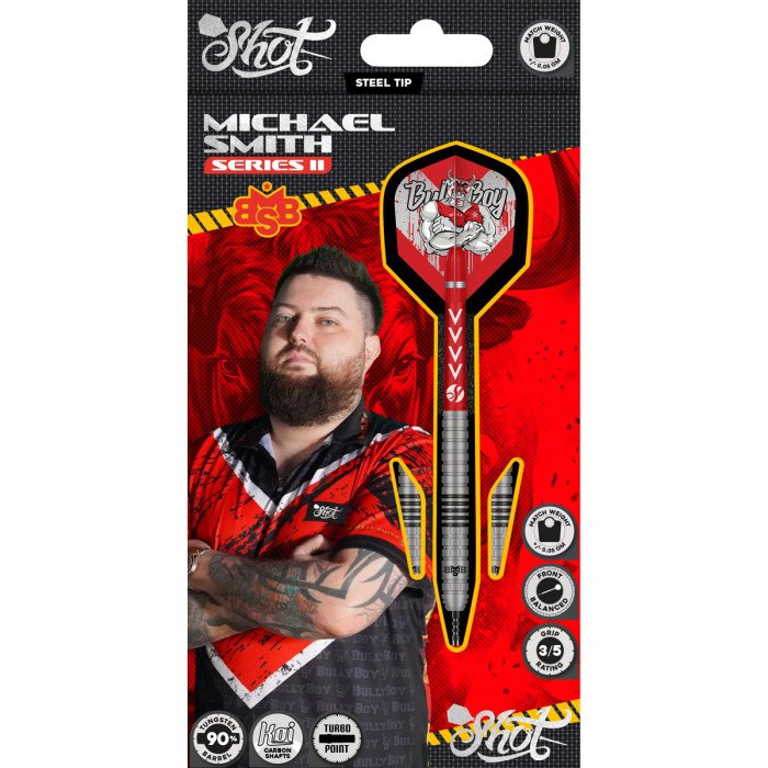 Shot Michael Smith Series II 90% Tungsten darts in official Bully Boy retail packaging