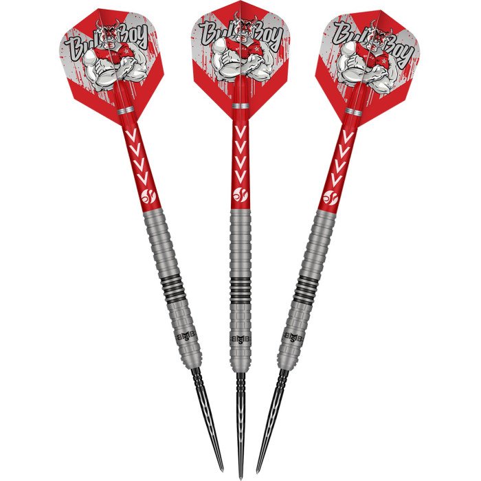 Three Shot Michael Smith Series II darts with red Bully Boy flights and Turbo Points