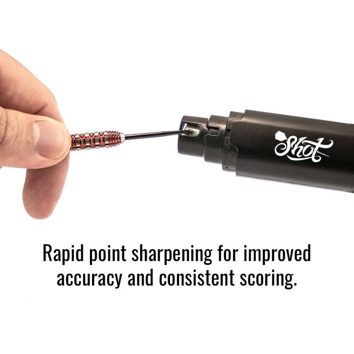 Shot Turbo USB dart sharpener sharpening a steel tip dart point