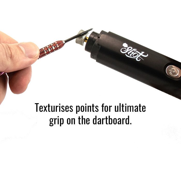 Shot Turbo USB dart sharpener texturising a steel tip dart point