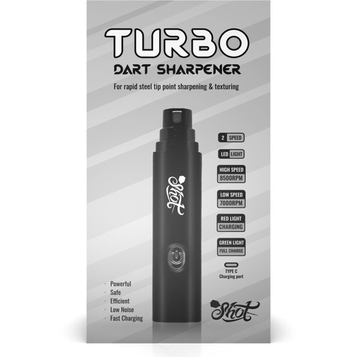 Shot Turbo USB rechargeable dart sharpener with retail packaging