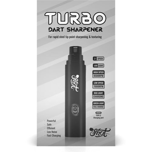 Shot Turbo USB rechargeable dart sharpener with retail packaging