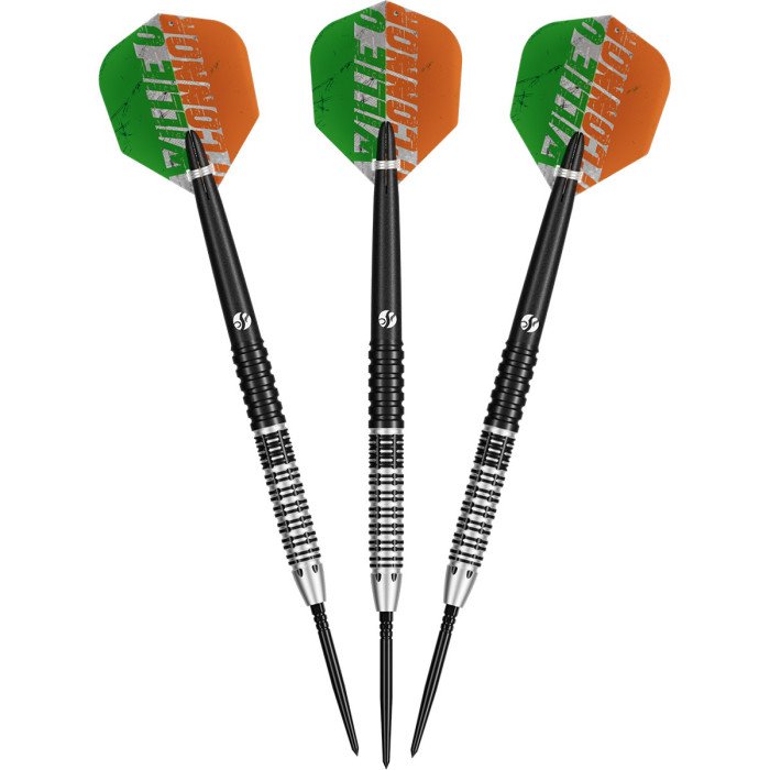 Three assembled Shot Willie O'Connor Magpie Edition 90% tungsten darts with black shafts and green white orange flights