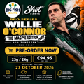 Big Fish Darts pre-order graphic for Shot Willie O'Connor Magpie Edition 90% tungsten Turbo Point darts, available in 23g and 24g, launching 27 October 2026.