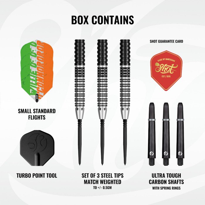 Shot Willie O'Connor Magpie Edition darts set with three tungsten barrels, flights, carbon shafts and Turbo Point tool