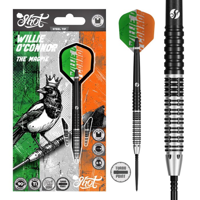 Shot Willie O'Connor Magpie Edition darts packaging alongside assembled dart and close-up of tungsten barrel grip