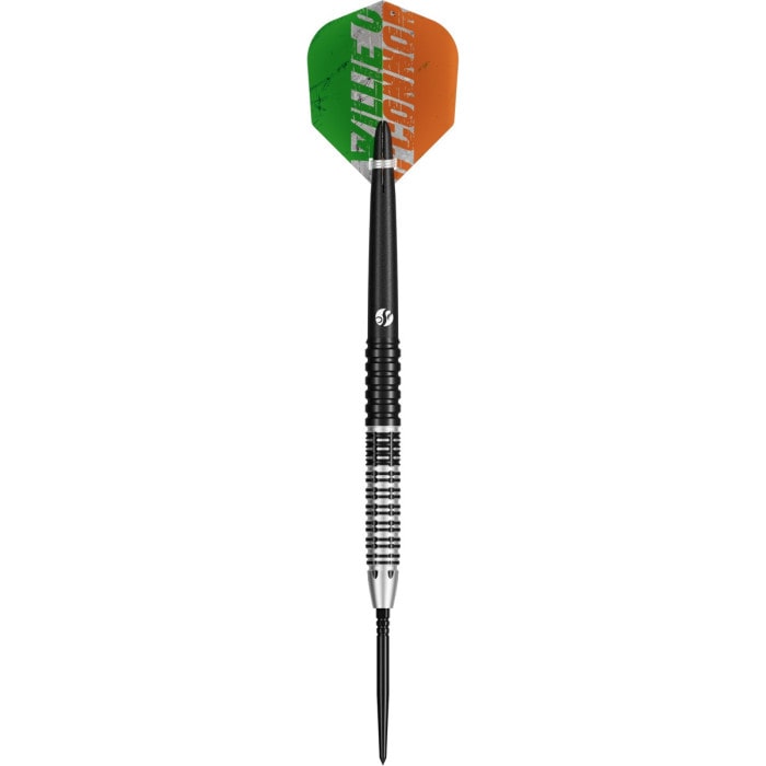 Single Shot Willie O'Connor Magpie Edition tungsten dart showing black and silver barrel and signature flight