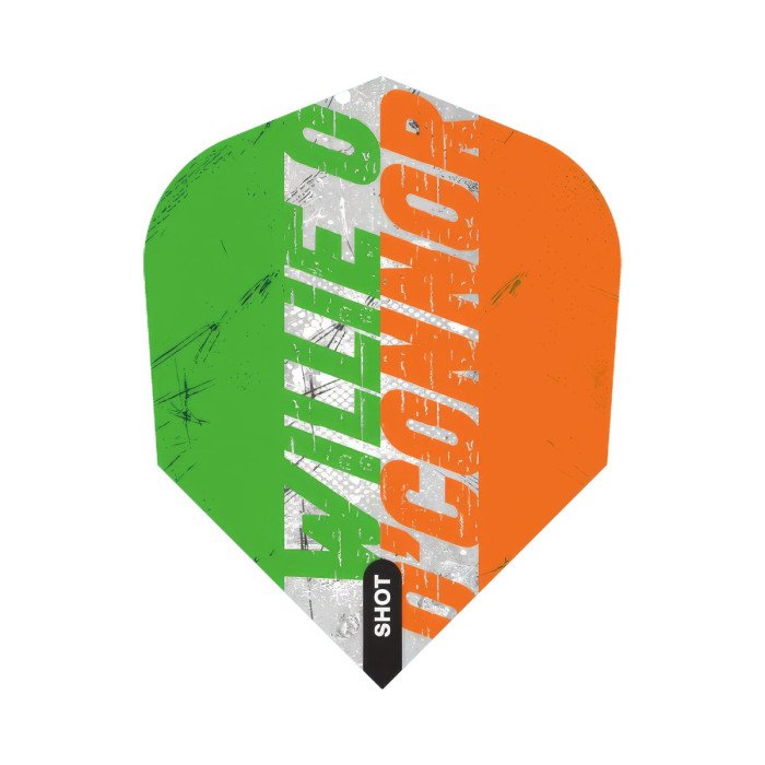 Shot Willie O'Connor No.6 signature dart flight showing Irish tricolour colours and Willie O'Connor lettering