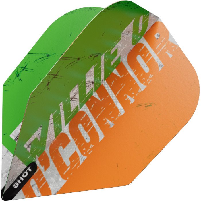Close-up angled view of Shot Willie O'Connor No.6 dart flights featuring green, white and orange Irish tricolour design