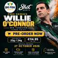 Big Fish Darts pre-order graphic for Shot Willie O'Connor Pro Series 90% tungsten Turbo Point darts, available in 23g and 24g, launching 27 October 2026