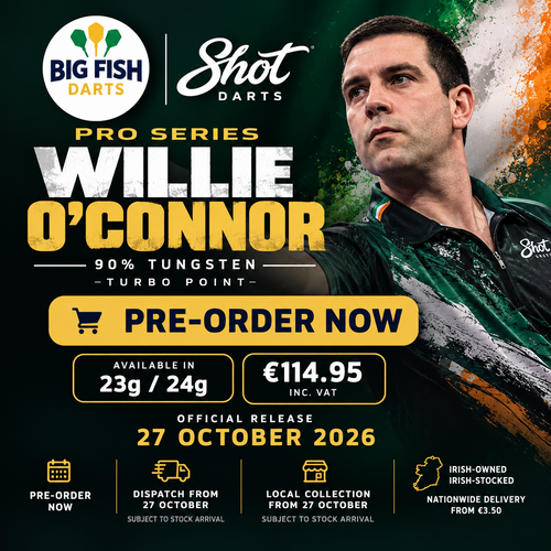 Big Fish Darts pre-order graphic for Shot Willie O'Connor Pro Series 90% tungsten Turbo Point darts, available in 23g and 24g, launching 27 October 2026