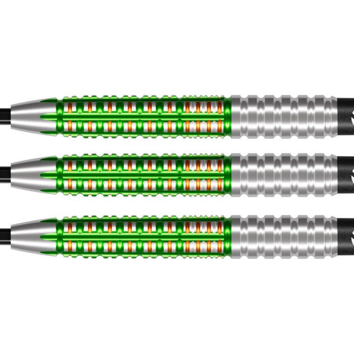 Close-up of Willie O'Connor Pro Series 90% tungsten barrel with green and orange grip detailing