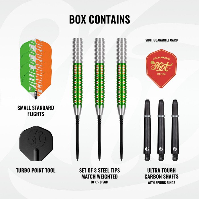 Shot Willie O'Connor Pro Series darts box contents including flights, shafts and Turbo Point tool