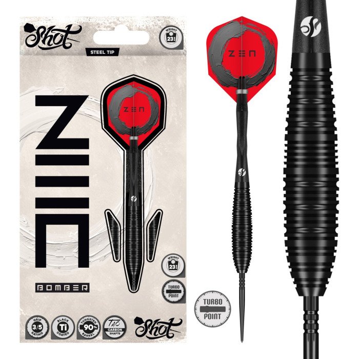Shot Zen Bomber 90% Tungsten Turbo Point darts with retail packaging, assembled dart and black barrel close-up