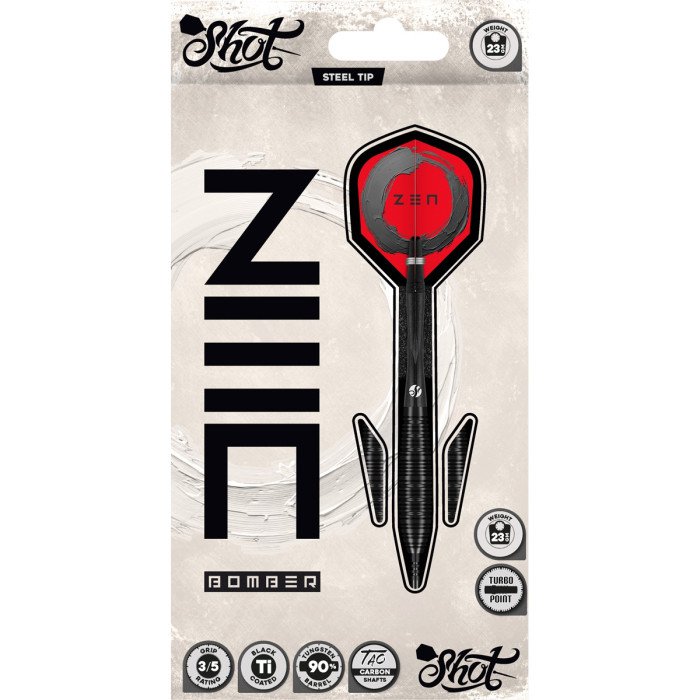 Shot Zen Bomber 90% Tungsten darts in original retail packaging with Turbo Point branding