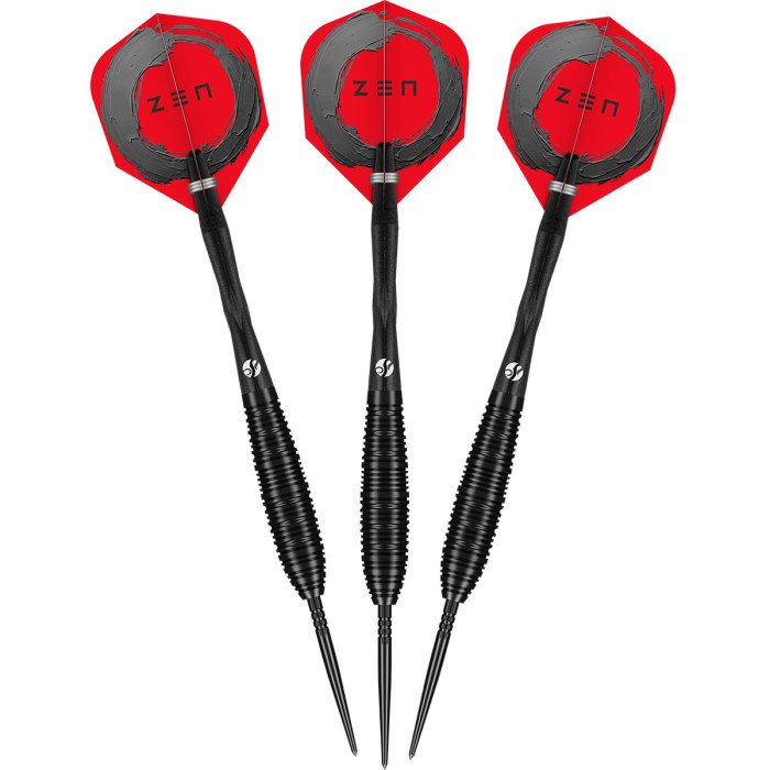 Three Shot Zen Bomber 90% Tungsten steel tip darts with black barrels and red Zen flights