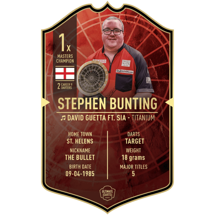 Front of Stephen Bunting The Bullet Ultimate Player Card darts collectible