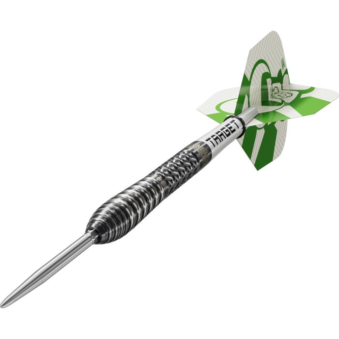 Angled view of Target Charlie Manby G1 95% tungsten dart, highlighting the machined barrel grip, Silver Swiss Nano Point and Champagne player flight.