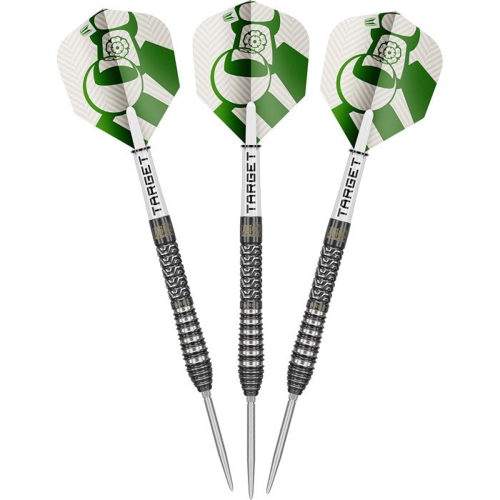 Complete set of three Target Charlie Manby Generation One 23g steel tip darts with 95% tungsten barrels, silver Swiss Points and green and white flights.