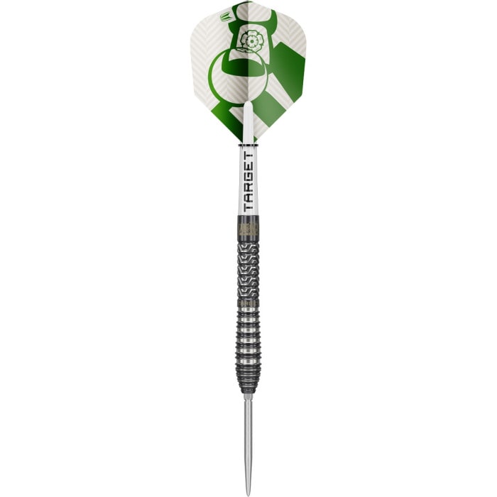 Target Charlie Manby Generation One 95% tungsten 23g steel tip dart, showing the front-loaded barrel, silver Swiss Point and green and white flight.