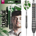 Target Charlie Champagne Manby Generation One 95% tungsten steel tip darts retail packaging with player portrait, assembled dart and barrel close-up.