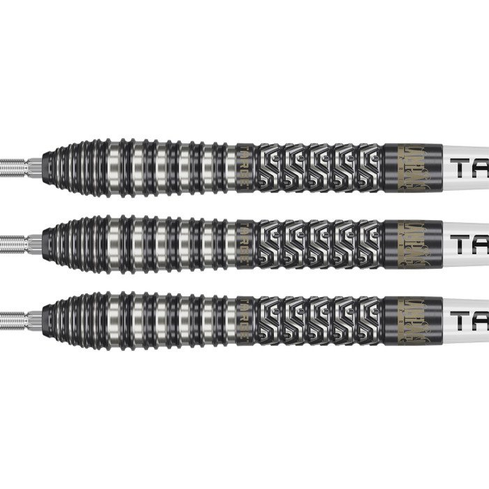 Close-up of three Target Charlie Manby G1 95% tungsten dart barrels, showing the front ring grip, intricate rear milling and black and silver finish.
